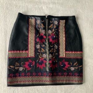 Black Embroidered Faux Vegan Leather  Mini Skirt, size S
